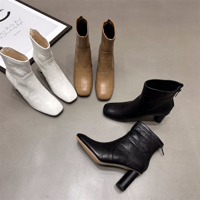 French Style Square Toe Chunky Heel Back Zip Stitched Ankle Boots Women 2024 Autumn - Image 2