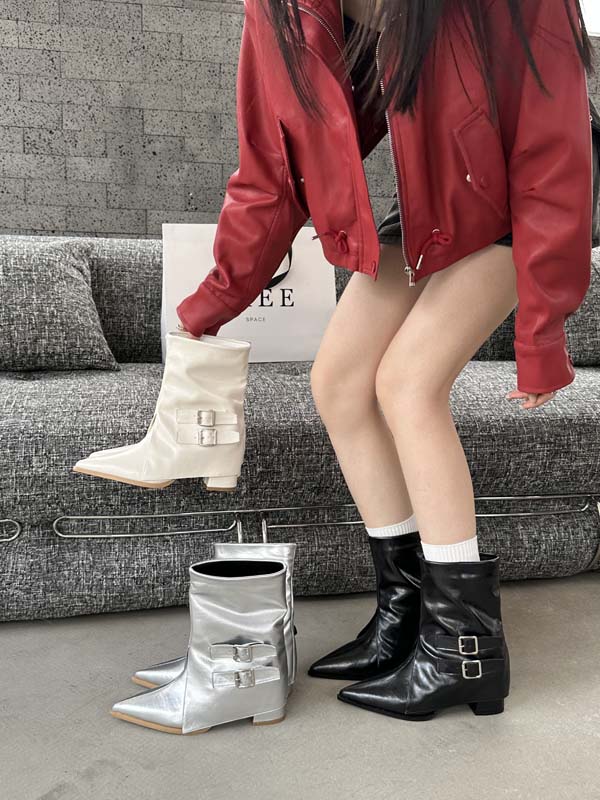 Domiuer French Style Pointed Toe Western Fashion Ankle Boots with Chunky Heel
