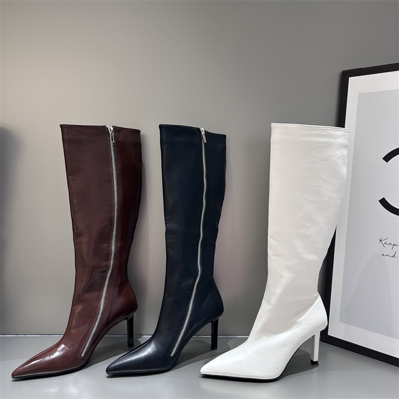 French Pointed Toe Side Zipper Elegant Long Boots