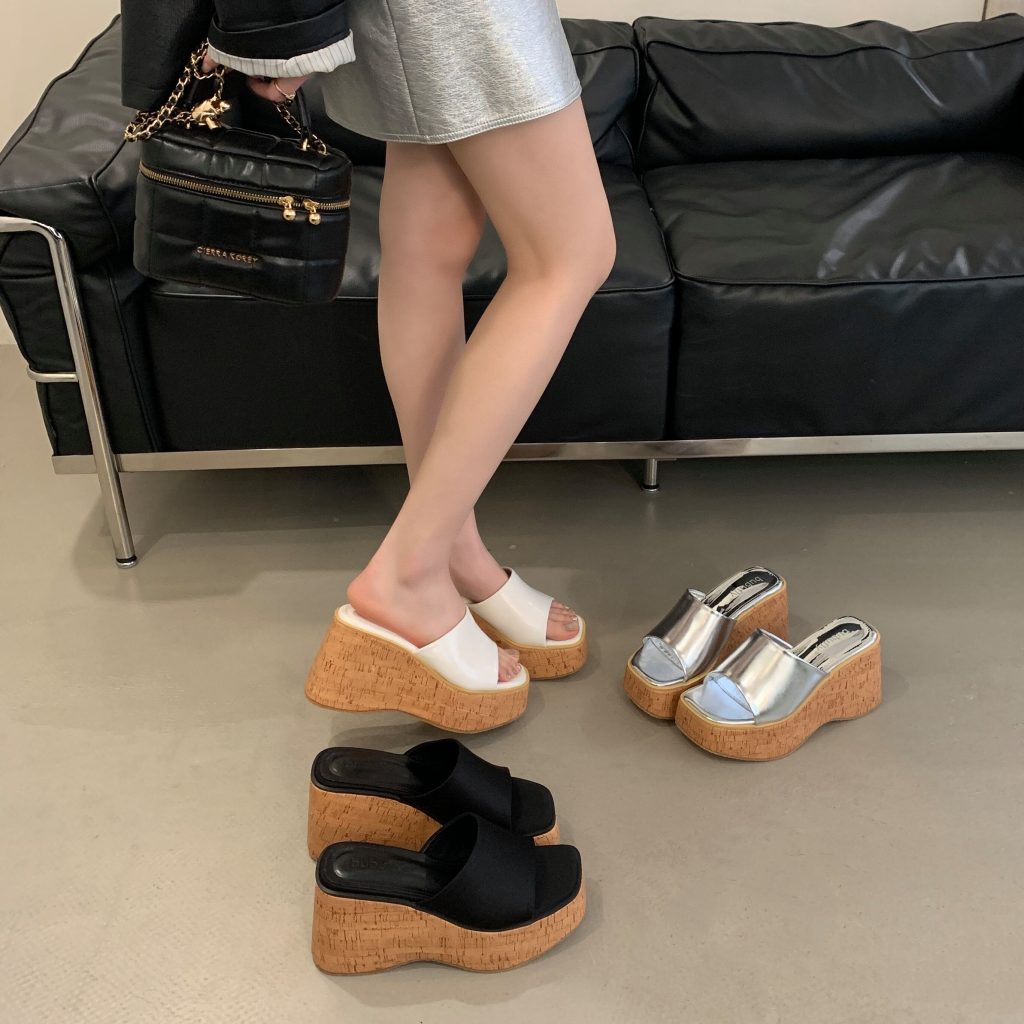 BUBUFLY 2025 Spring Summer New Thick Sole Wedge Sandals Cork Pattern High Heel Open Toe Women's Shoes