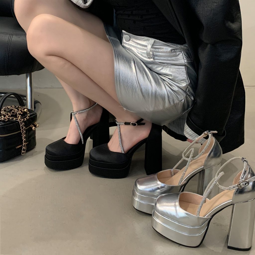 BUBUFLY 2025 New Women's Round Toe Chunky Heel Rhinestone Platform Sandals High Heels for Petite