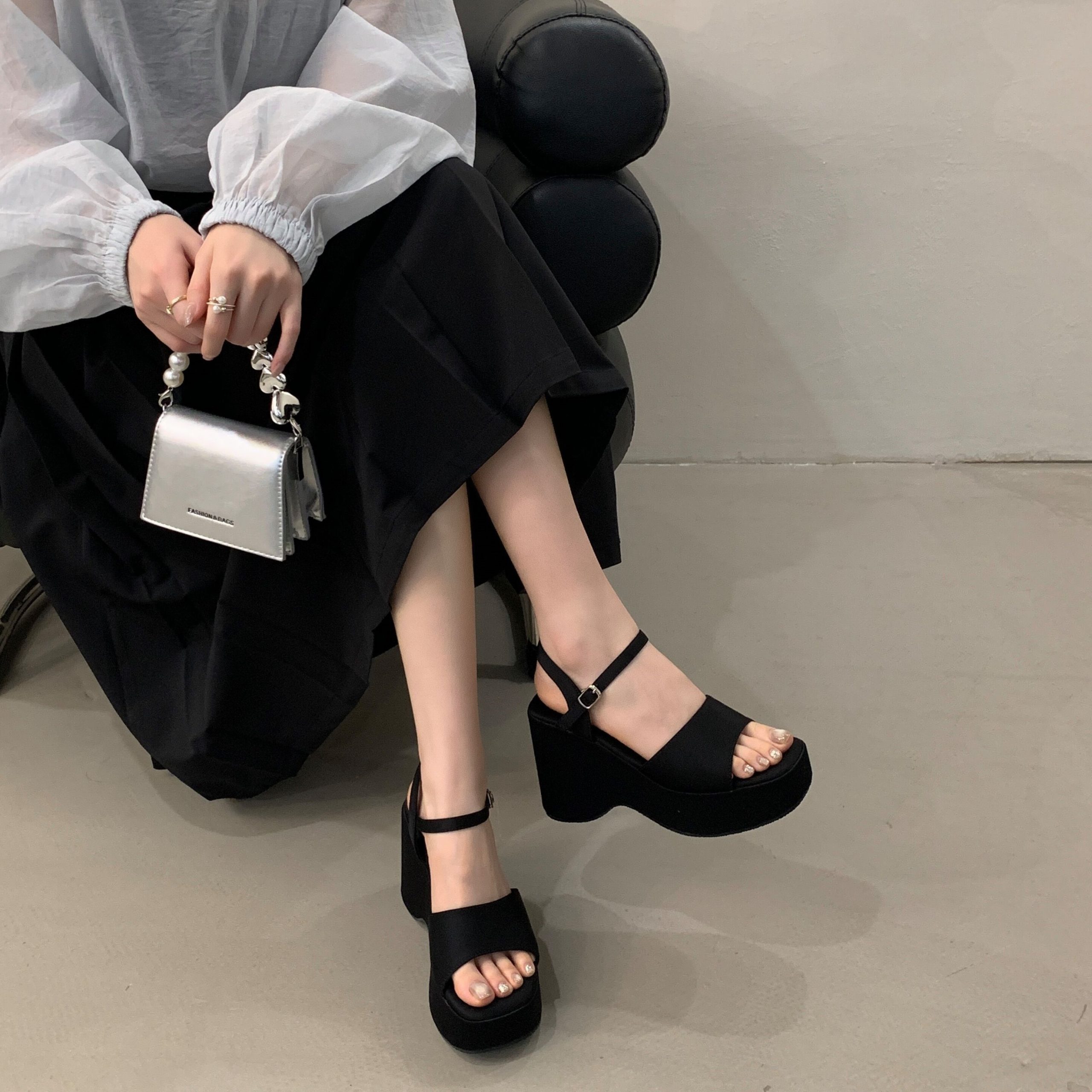 BUBUFLY Korean Style Women's Open Toe Chunky Heel Platform Sandals with Rhinestones, Slip Resistant, Height Increasing - Image 2
