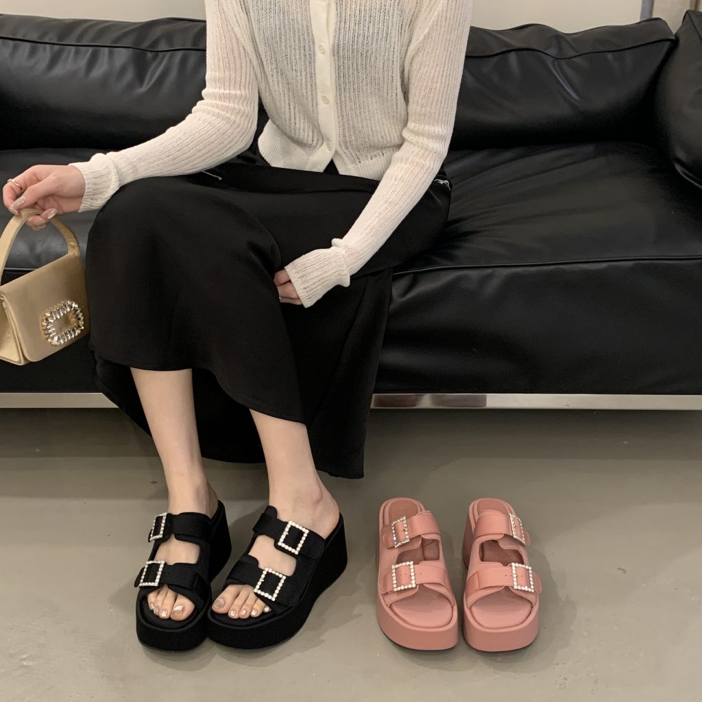 2025 New Summer Rhinestone Double Strap Buckle Slide Sandals Platform Wedge Heel Height Increasing Women's Sandals