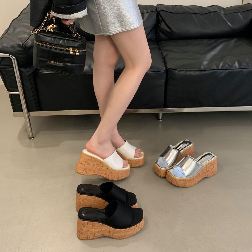 BUBUFLY 2025 Spring Summer New Thick Sole Wedge Sandals Cork Pattern High Heel Open Toe Women's Shoes