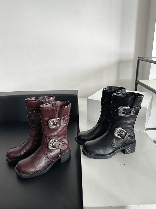 Domeier Square Toe Double Buckle Temperament Knight Boots Women Mid Calf PU Winter 2024