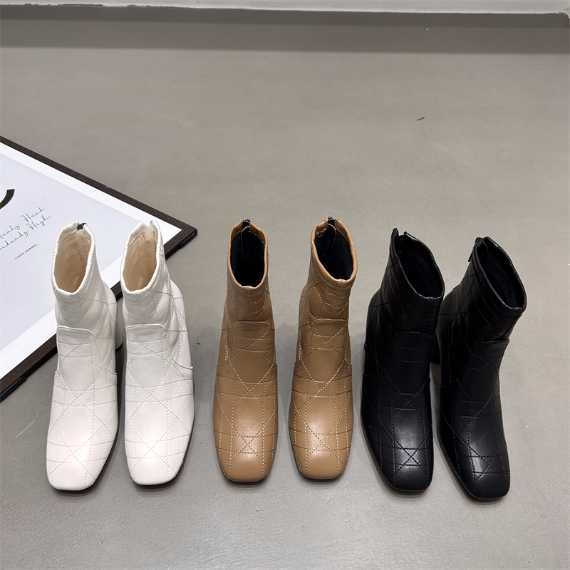 French Style Square Toe Chunky Heel Back Zip Stitched Ankle Boots Women 2024 Autumn